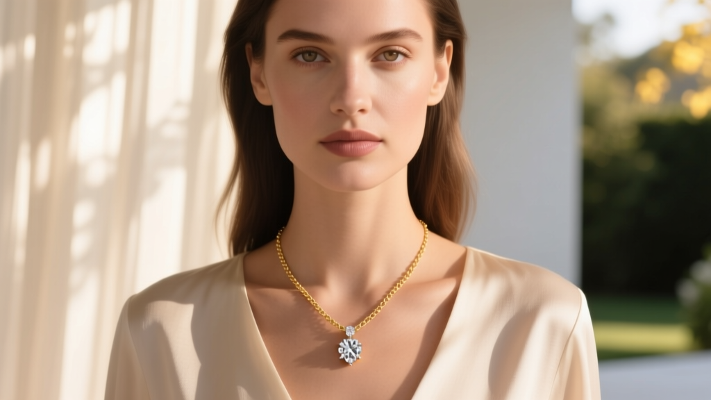 Woman wearing a diamond pendant on a wheat chain, showing the 20-inch length resting below her collarbone in warm natural light.