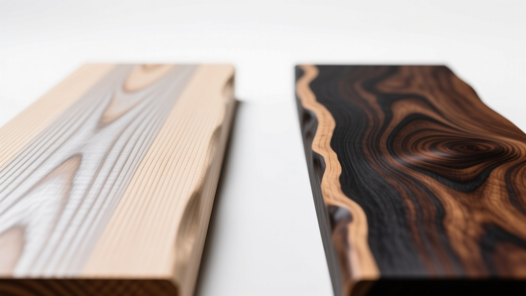 Close-up of hard maple wood beside black walnut, highlighting tight grain structure and color contrast under bright studio lighting