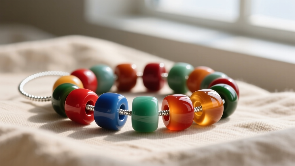 Vibrant polymer clay heishi beads on beading wire with smooth edges and uniform holes against a soft beige linen backdrop