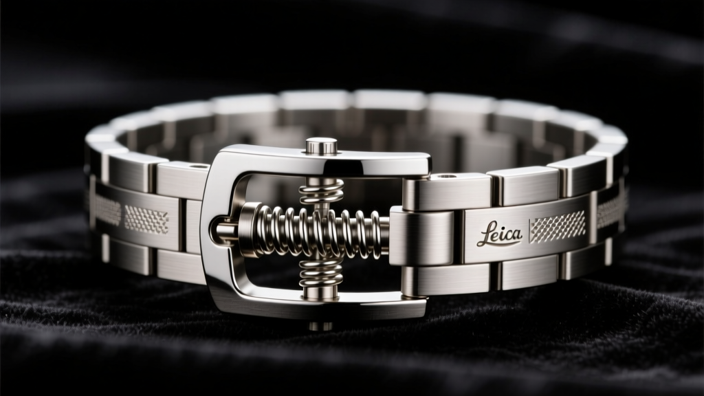 Macro shot of a hinged titanium collar choker clasp showing the internal spring mechanism and safety latch on dark velvet