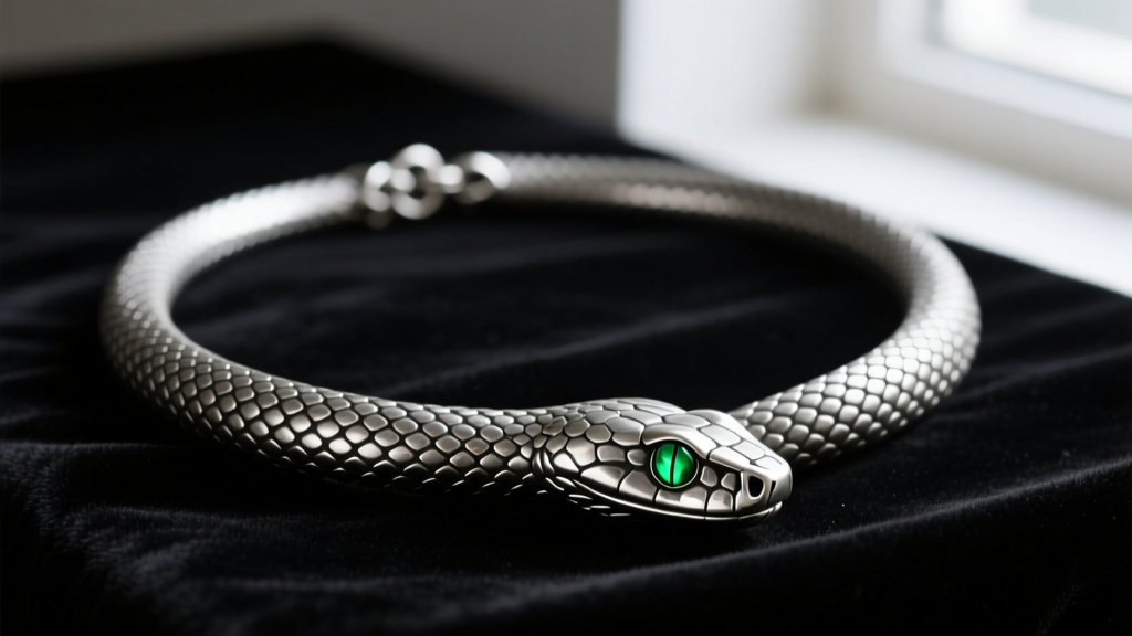 Close-up of an oxidized sterling silver reputation snake necklace on black velvet, highlighting hinged scales and emerald eyes