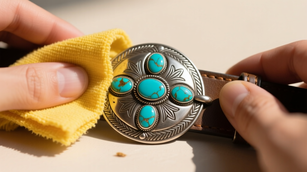 Hands gently rubbing a treated yellow Sunshine polishing cloth over a tarnished sterling silver turquoise concho belt buckle.