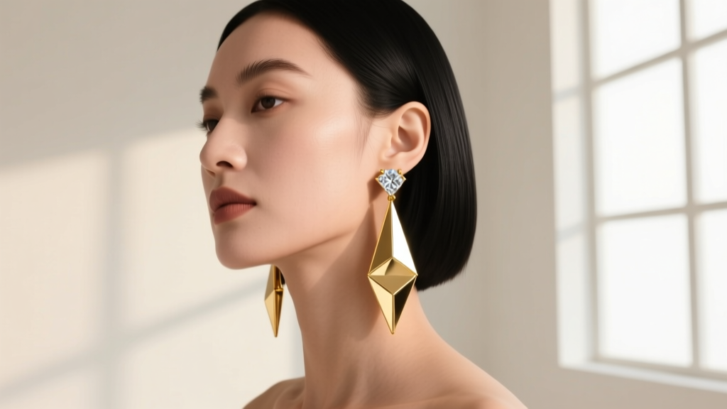 Elegant woman wearing elongated 14k gold geometric diamond shape drop earrings, soft studio lighting highlighting the sharp angles