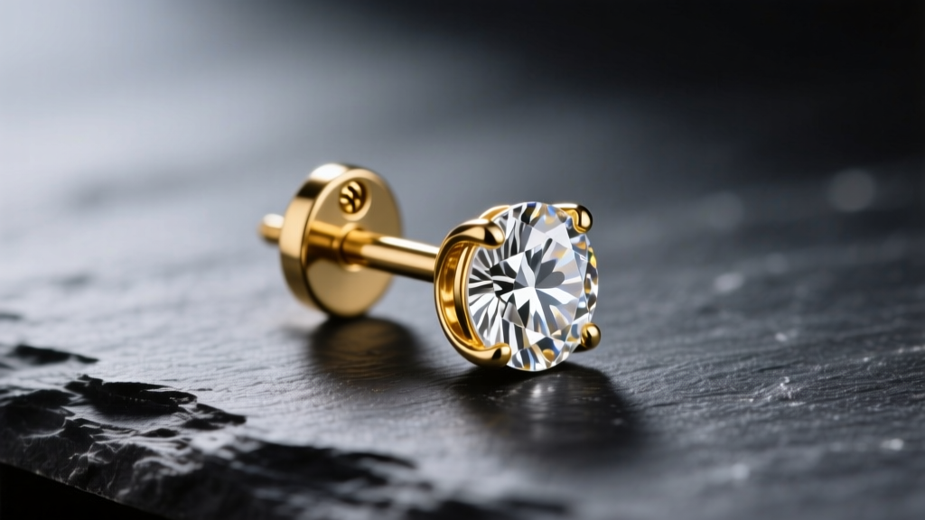 Macro shot of a diamond stud earring on dark slate, highlighting the gold post and secure backing mechanism in soft studio lights.