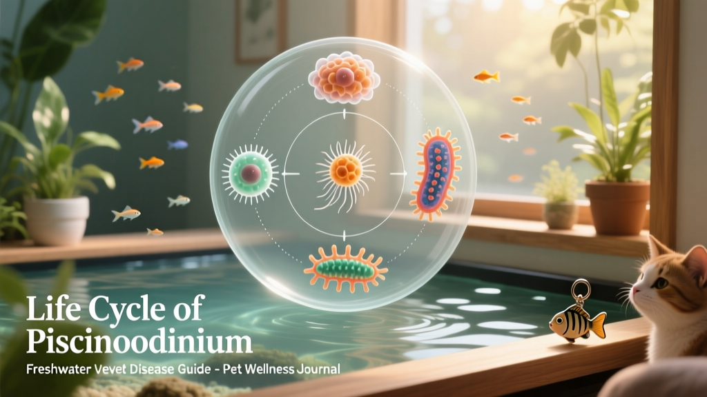Diagram illustrating the four-stage life cycle of Piscinoodinium in freshwater aquariums