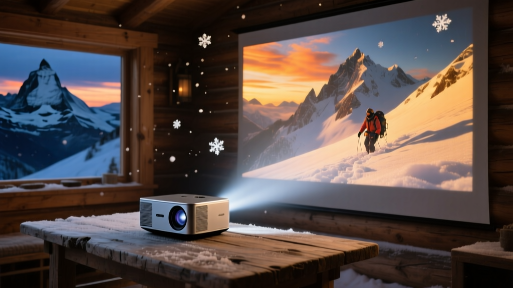 A portable projector on a rustic wooden cabin table, casting a vibrant movie scene onto a snowy alpine wall at dusk.