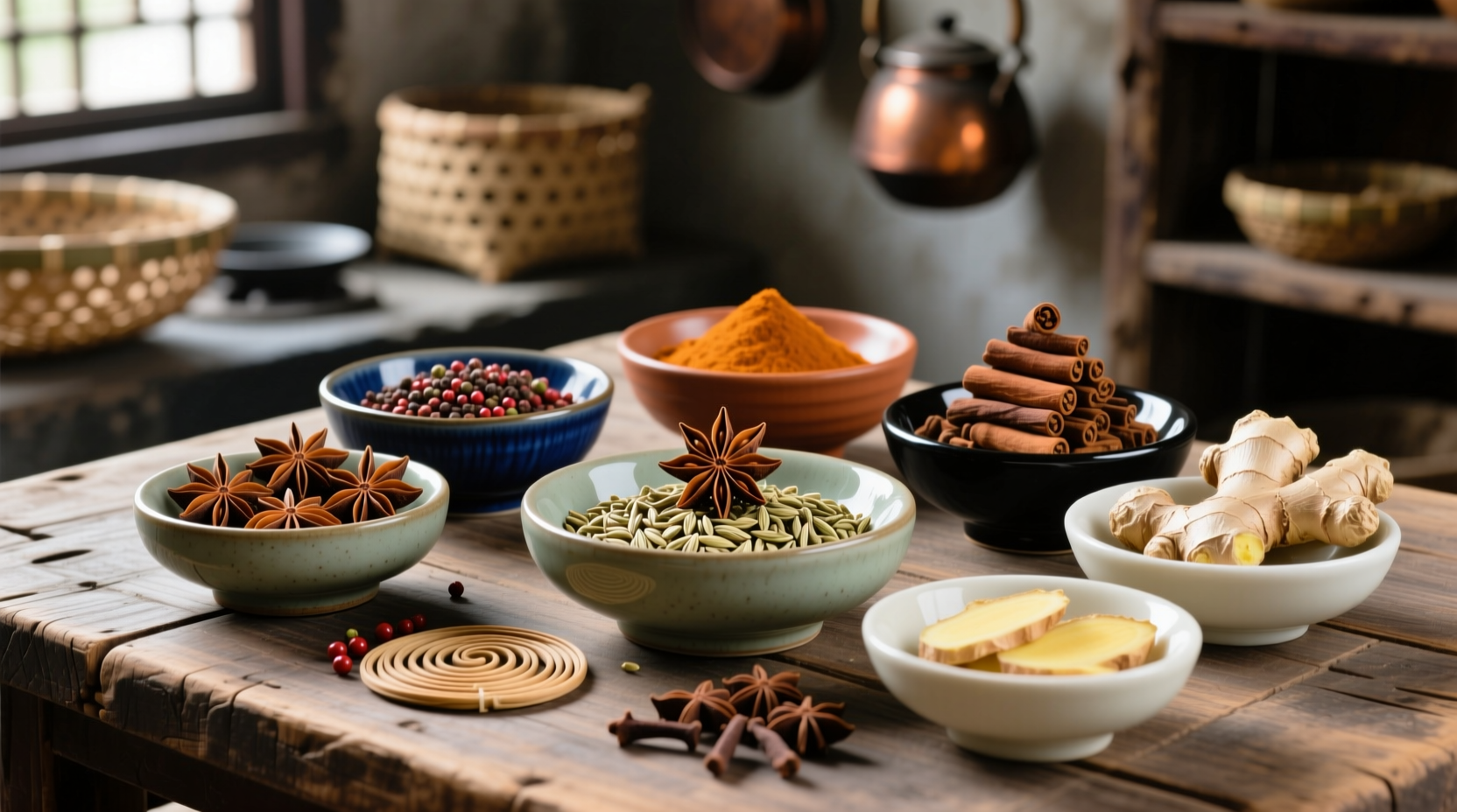 Five spice powder ingredients arranged in ceramic bowls