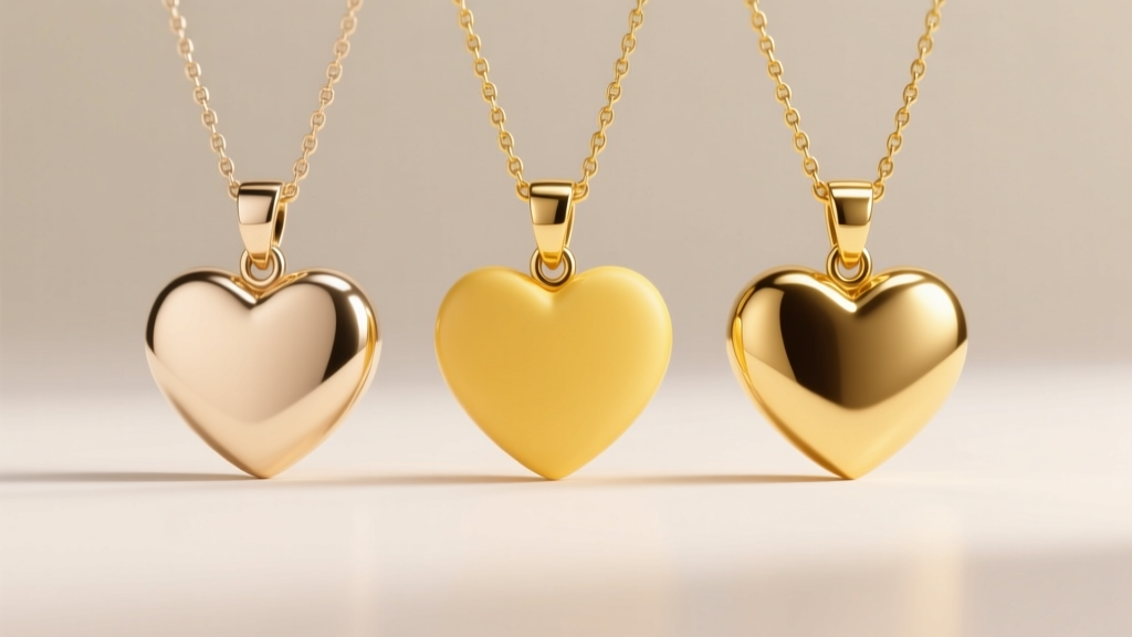 Three heart pendants side-by-side showing 10k pale gold, 14k standard yellow, and 18k deep rich gold under soft studio lighting.