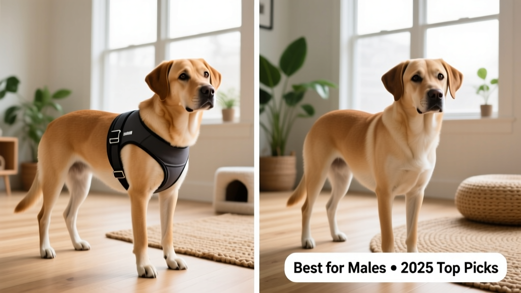 Side-by-side comparison showing proper fit of male wrap on a medium-sized dog