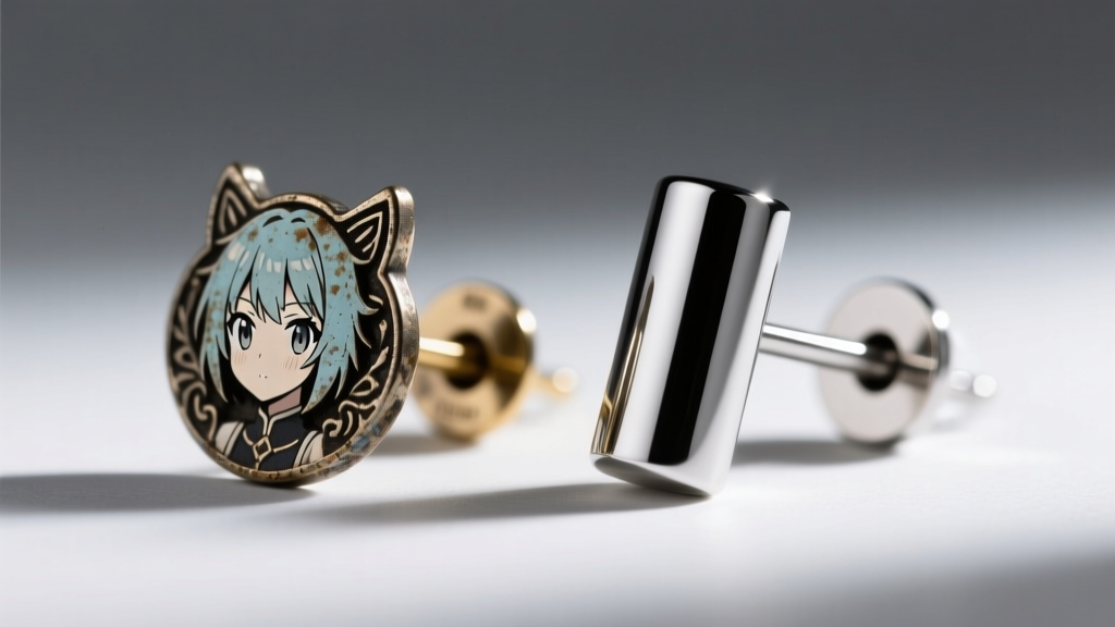 Macro shot of a tarnished zinc alloy anime earring post beside a polished ASTM F136 titanium post under bright studio lighting