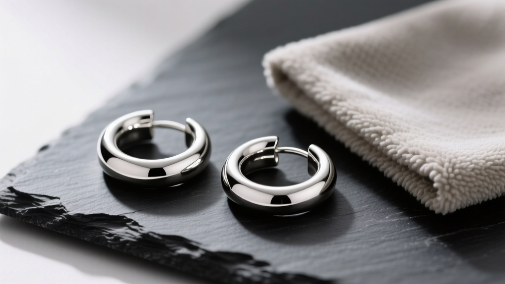 Close-up of 20-gauge sterling silver huggie hoop earrings resting on dark slate beside a soft microfiber polishing cloth