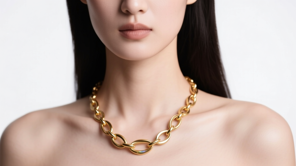 Delicate 14k gold chest chain festoon necklace draping across the collarbone and upper bust area, featuring soft studio lighting