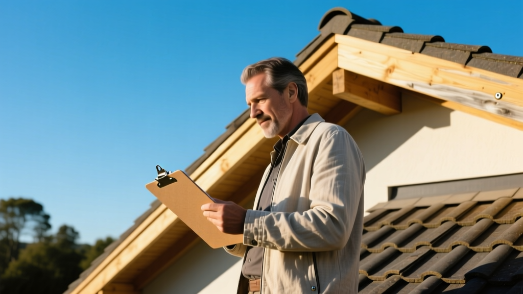 Architect holding a roof material list clipboard while inspecting a steep-pitch residential roof against a clear blue sky