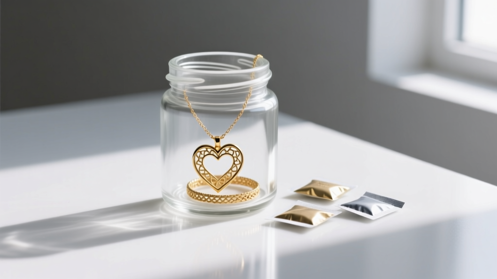 Small glass jar with silica gel packets and anti-tarnish strips, holding a delicate gold heart necklace coiled neatly inside it.