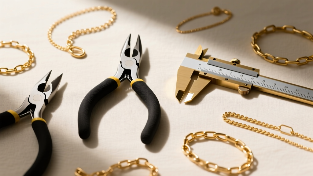 Flat lay of jewelry making tools including two pairs of nylon-jaw pliers, a brass caliper, and various gold-filled chain segments.