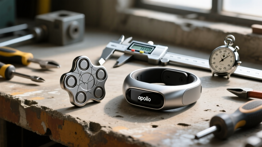 A scarred titanium fidget slider and an Apollo Neuro wearable resting on a scuffed concrete workbench next to a digital caliper and stopwatch.