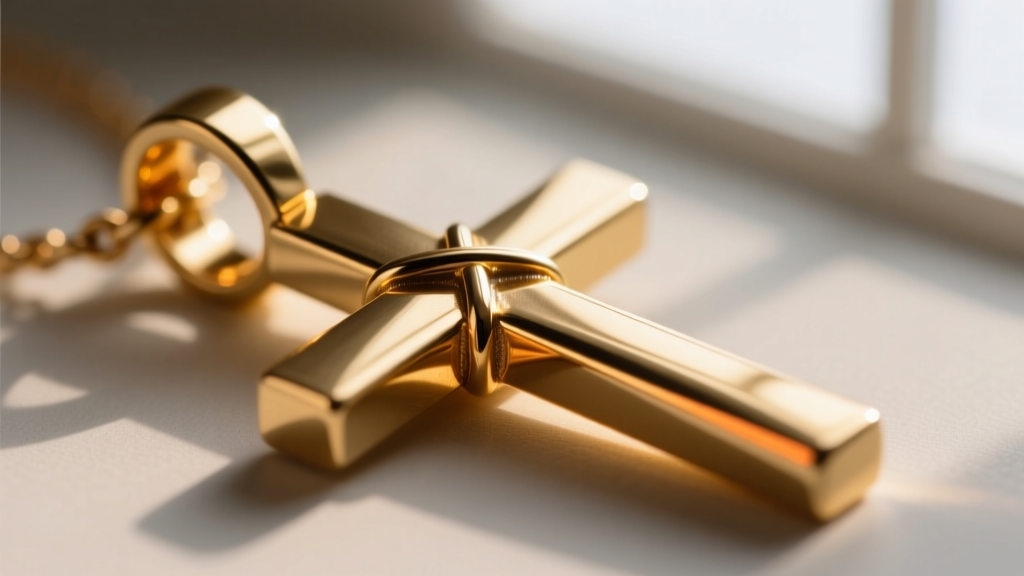 Macro shot of a horizontal gold bail soldered onto the side arm of a sideways cross pendant, showing the seamless metal joint.