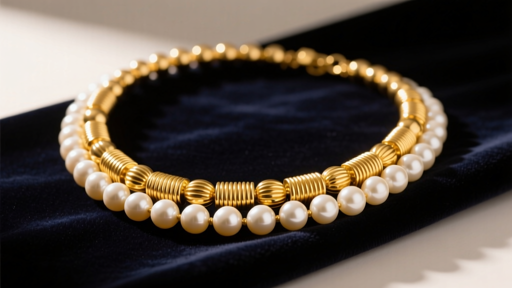 Vintage 14k gold add a bead necklace on dark velvet, displaying corrugated gold beads and cream pearls under warm studio lighting.