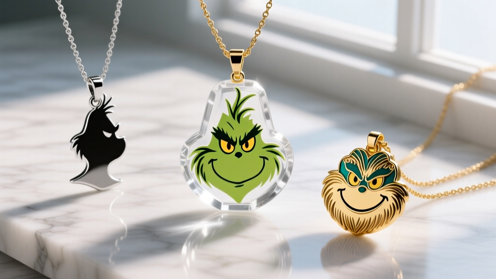 Flat lay of three Grinch necklaces: an acrylic piece, a silver silhouette pendant, and a detailed gold enamel charm on marble