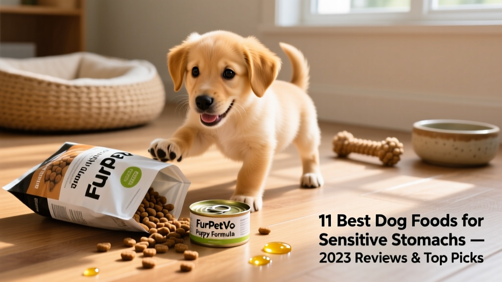 A happy puppy playing near an open bag of kibble and a small can of wet food, highlighting FurPetVo's puppy-specific formula with visible DHA-rich fish oil droplets
