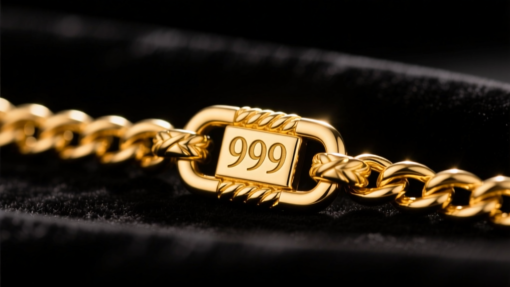 Close-up of a 999 hallmark stamped on a thick 24k gold rope chain clasp resting on dark velvet under warm studio lighting