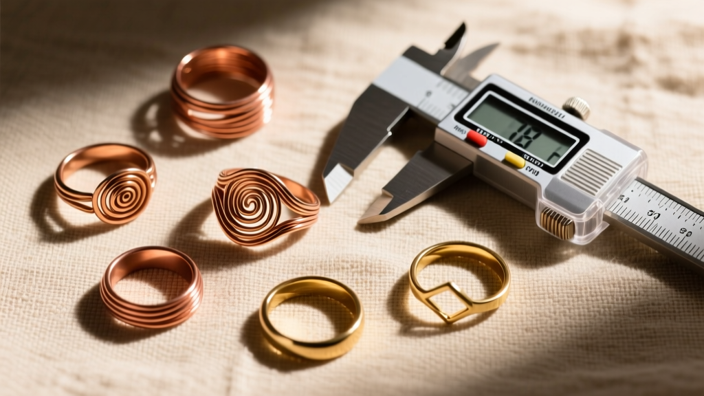 Overhead flat lay of wire rings jewelry in copper and gold-filled metals on linen fabric beside a digital caliper measuring tool