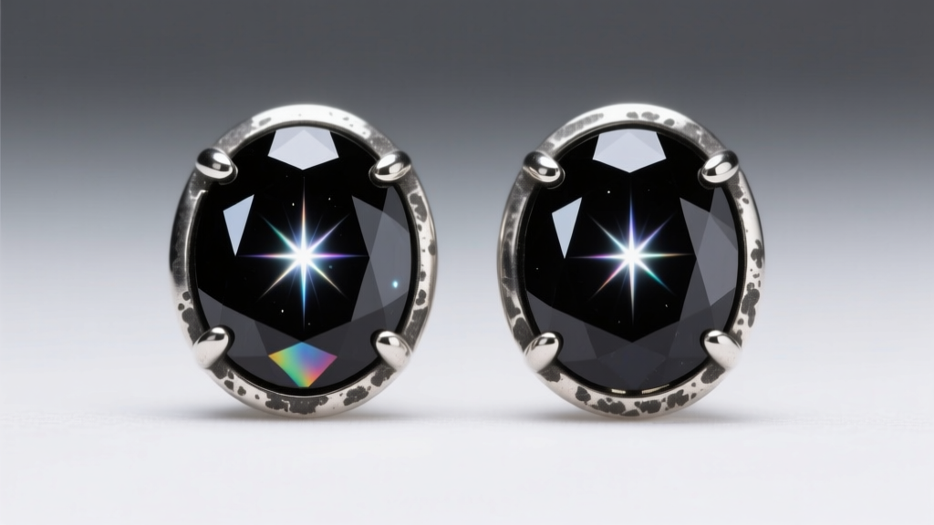 Macro shot of black star sapphire cabochon earrings in oxidized silver, showing a sharp six-ray asterism under a direct spotlight.