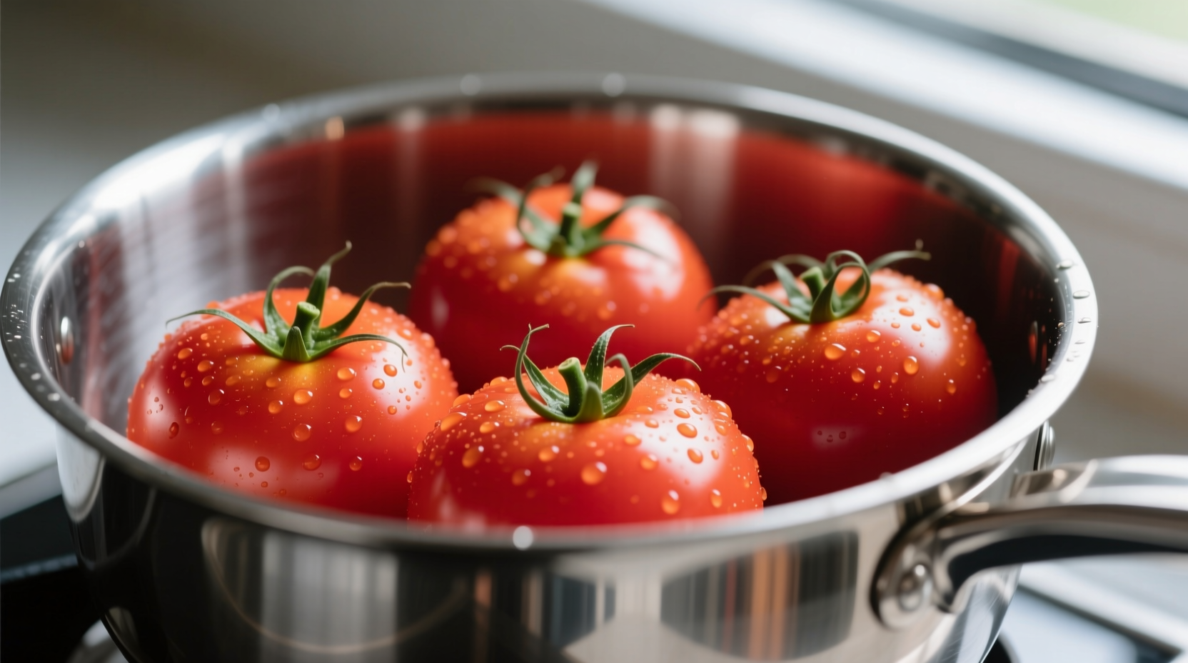 Fresh tomatoes with skins in stainless steel pot