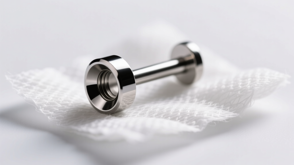 Close-up of polished ASTM F136 titanium labret stud resting on sterile gauze, illuminated by soft clinical lighting.
