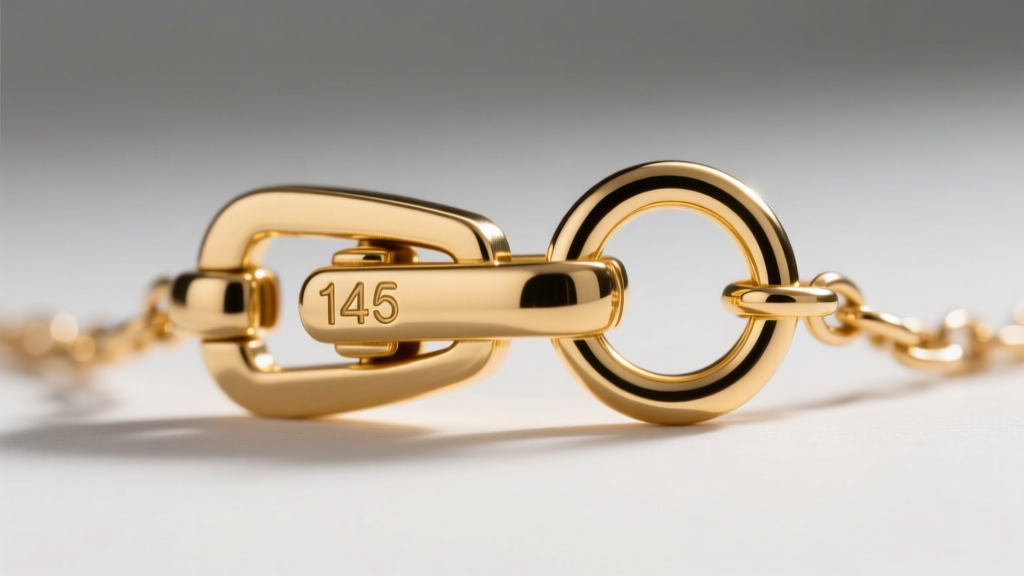 Extreme close-up of a 14k gold lobster clasp on a thin chain, showing the sturdy lever mechanism and a securely soldered jump ring