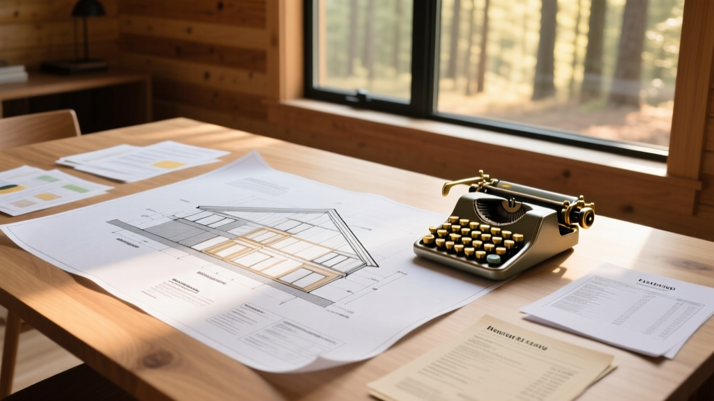 Architectural blueprints for a 600-square-foot timber frame cabin spread across a wooden table with a calculator and financial documents