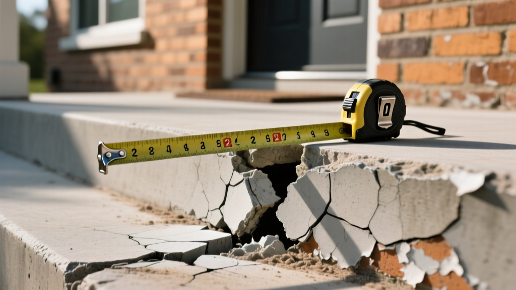 Close-up of a cracked concrete porch step pulling away from a brick house exterior, with a tape measure showing a two-inch gap