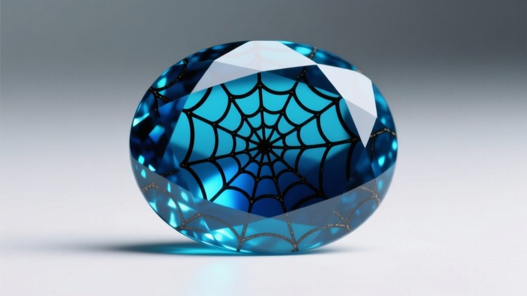 Macro shot of a high-grade Lander Blue turquoise cabochon showing deep blue color and an intricate black spiderweb matrix pattern.