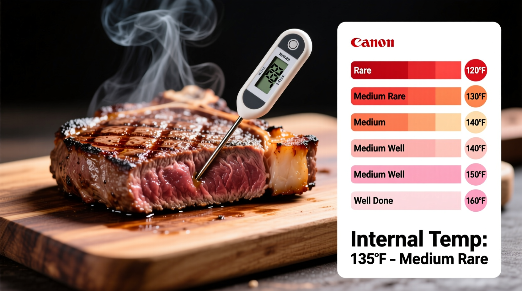 Grilled steak temperature chart with meat thermometer
