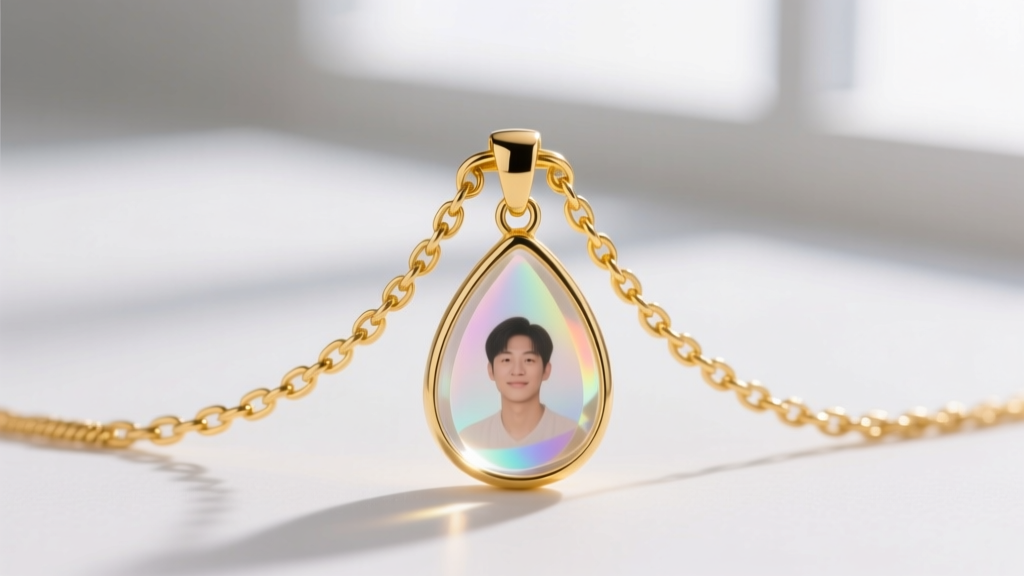 Macro shot of a 14k yellow gold 1.5mm cable chain with a secure lobster clasp, attached to a teardrop resin memorial pendant.