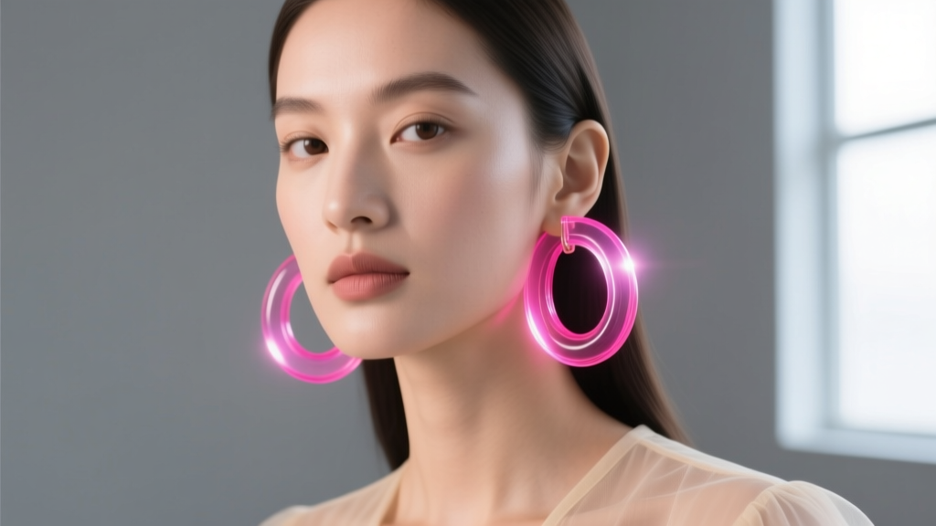 Close-up of a model wearing thick translucent neon pink acrylic hoop earrings against a minimalist grey studio backdrop, soft light.
