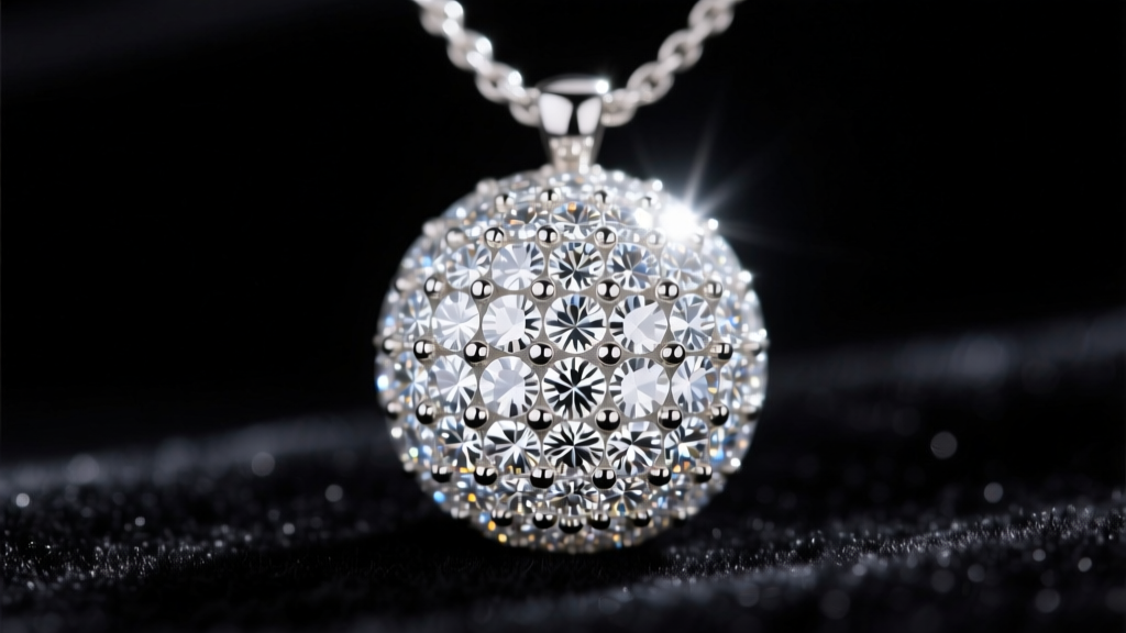 Diamond-pave bubble dome pendant in 14k white gold, showing micro-prong settings catching bright light on dark velvet.