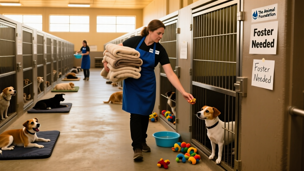 Crowded kennel area at The Animal Foundation shelter with volunteers moving supplies