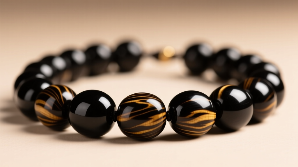 Close-up of a polished black Kukui nut Hawaiian lei necklace showing the high-gloss tung oil finish and natural wood grain detail