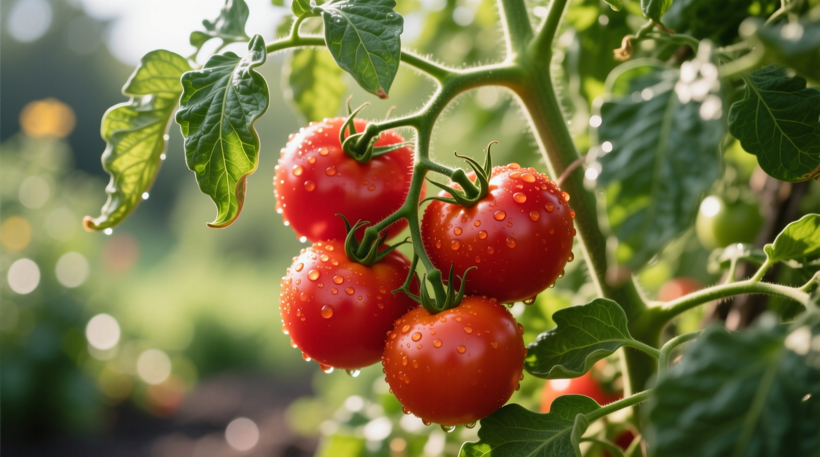 Ripe red beefsteak tomatoes on vine with green leaves