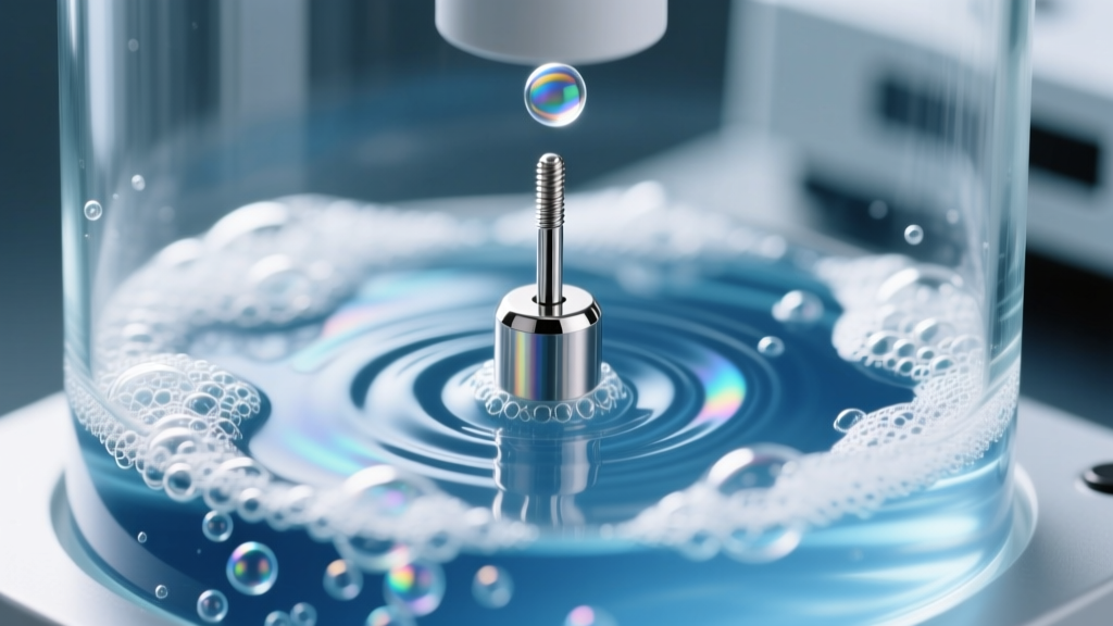 Close-up of an ultrasonic cleaner vibrating at 42kHz, showing a titanium labret stud submerged in a gentle, soapy water bath.