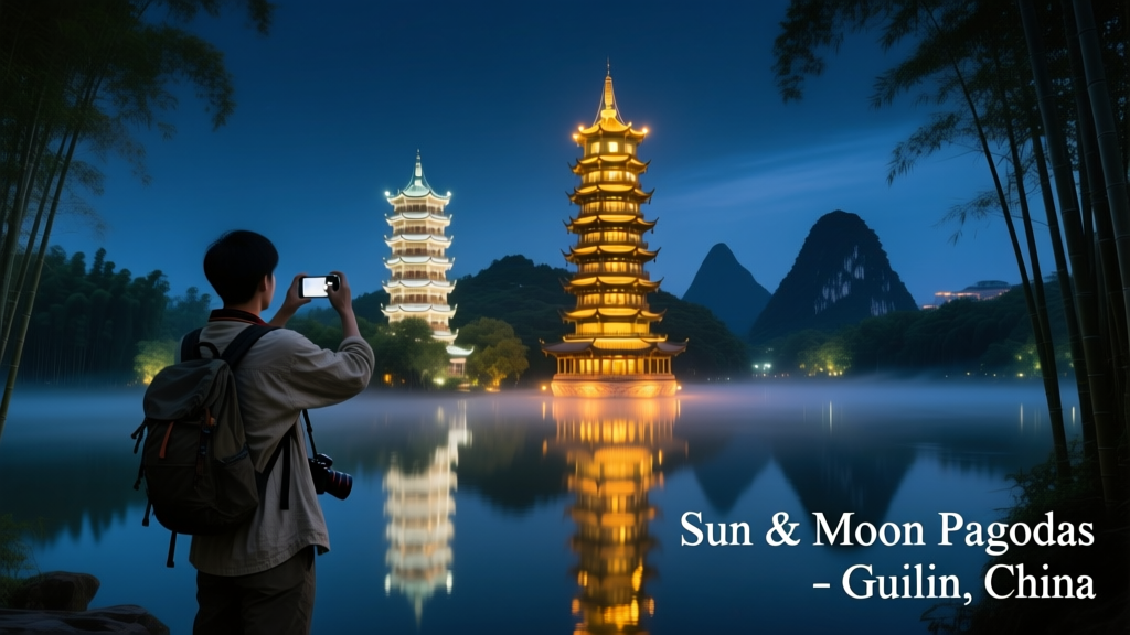 Photo Favorite: Sun and Moon Pagodas at Night in Guilin, China