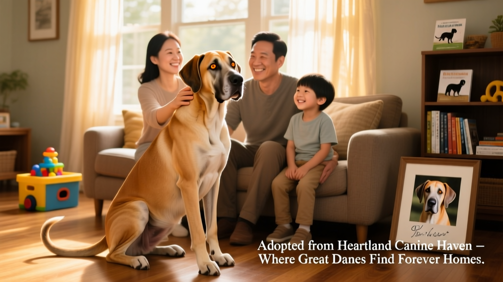 A gentle Great Dane sitting calmly beside a family in a sunlit living room