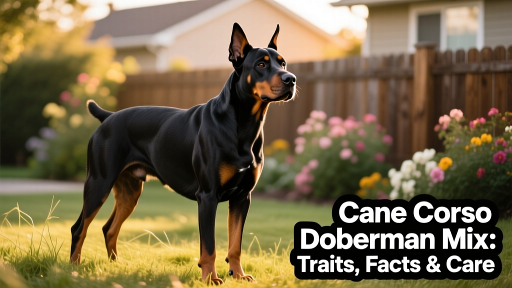 A confident, muscular Cane Corso Doberman mix standing alert outdoors with a calm but watchful expression