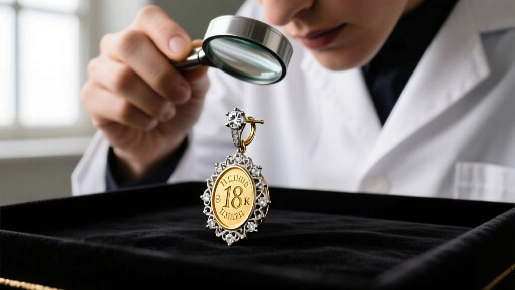 Jeweler examining the hallmarks on the 18k gold leverback of a Victorian silver-topped diamond drop earring using a loupe.