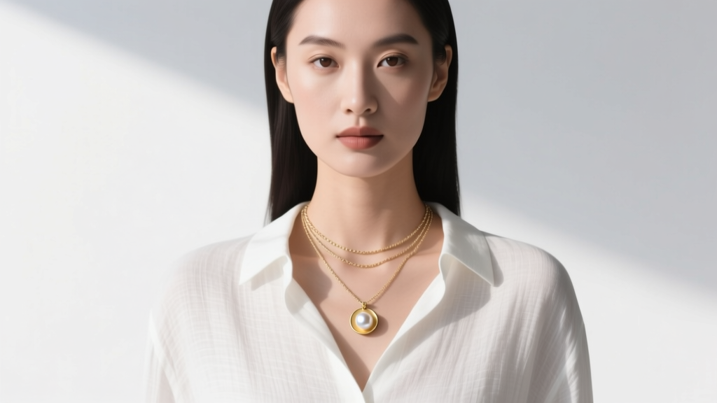Woman wearing a layered stack featuring a small blank gold plate necklace and a pearl pendant against a crisp white linen shirt.