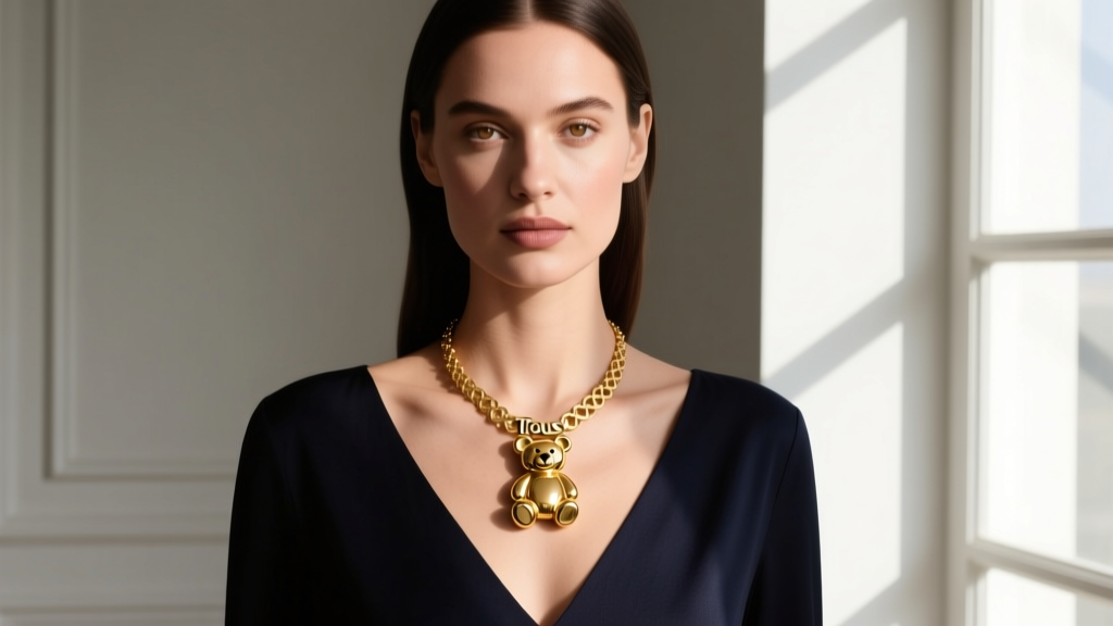 Woman wearing an 18-inch gold vermeil Tous bear necklace over a dark V-neck top, highlighting ideal collarbone placement.