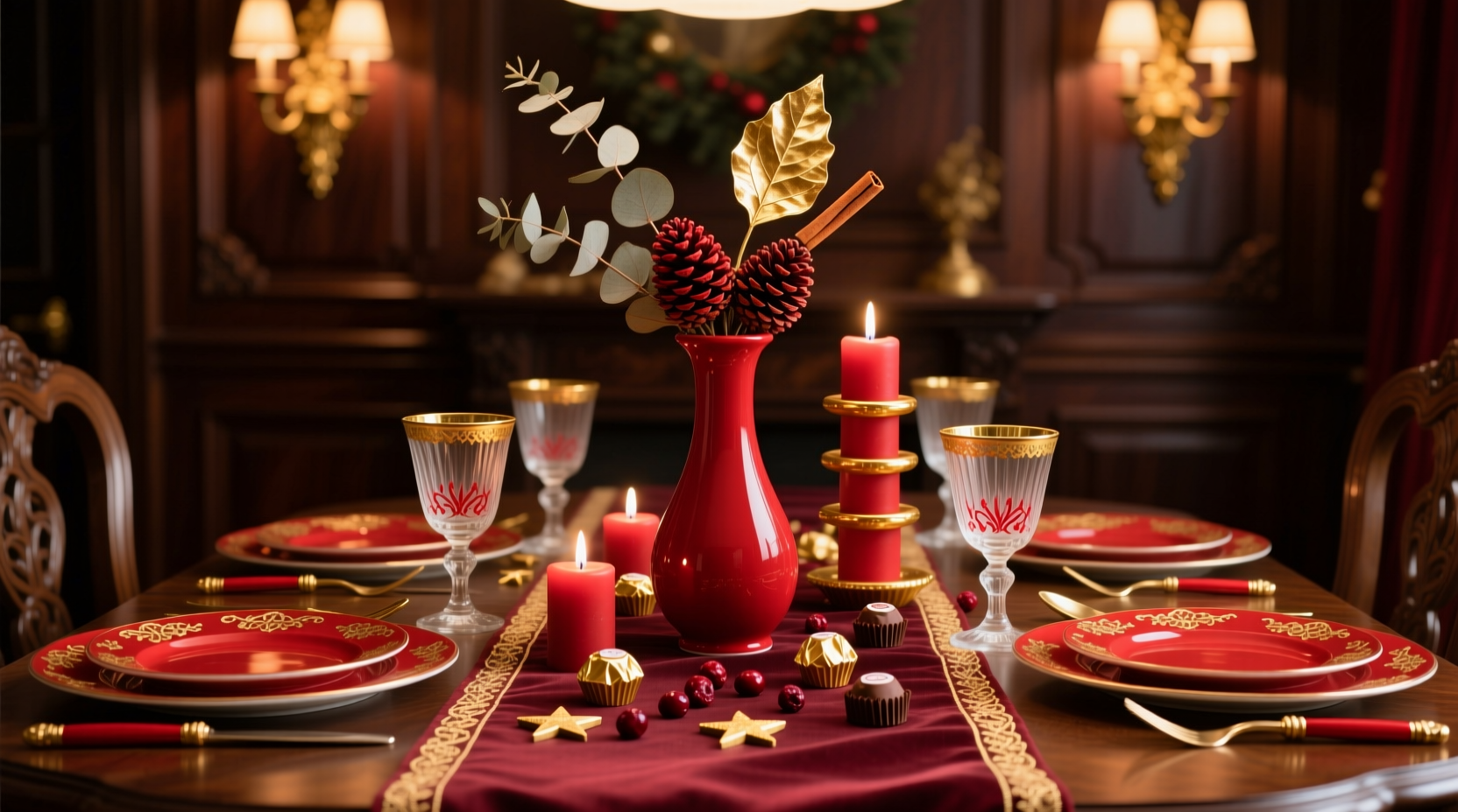 how to style a monochrome red christmas table setting with gold accents