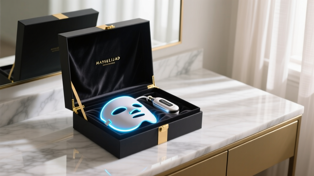 Elegant gift box opening to reveal a glowing LED face mask and microcurrent device on a marble vanity setup for 2026 gifting.