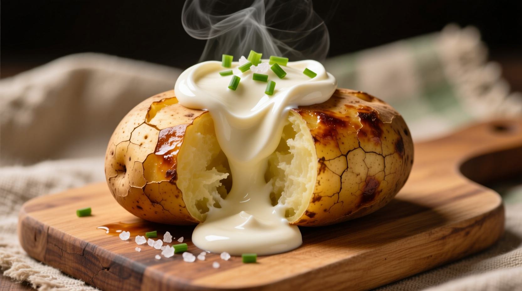 Perfectly baked russet potato with melted sour cream